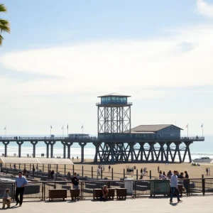Crowded Huntington Beach with beachgoers enjoying the sun and pier.