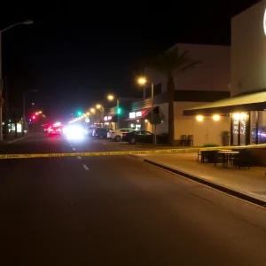 Police presence at Huntington Beach crime scene at night