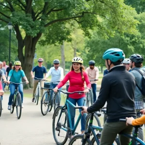 A diverse group participating in e-bike safety training in Huntington Beach.