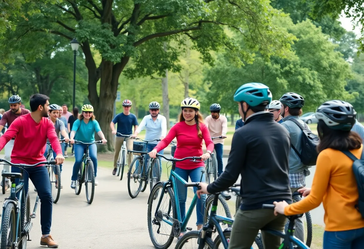 A diverse group participating in e-bike safety training in Huntington Beach.