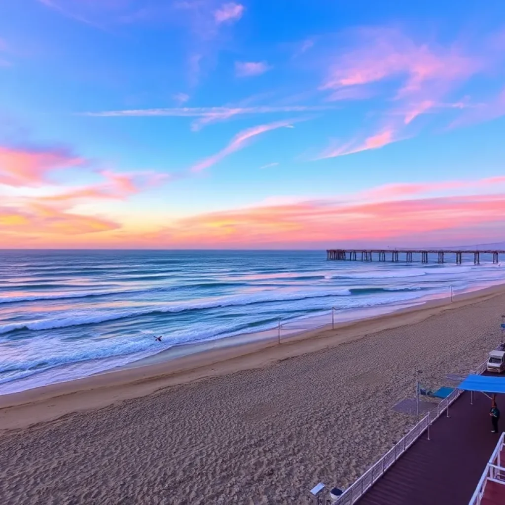 Scenic view of Huntington Beach with surfers and sunset