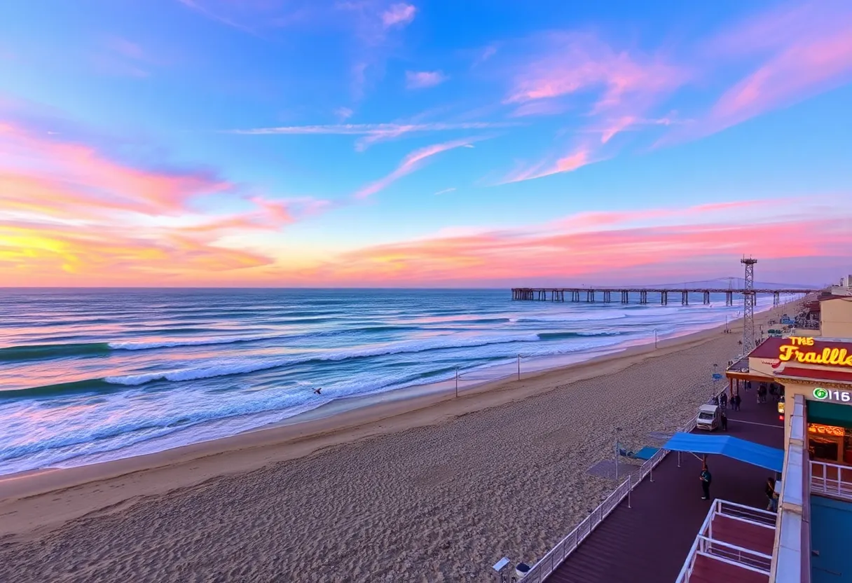 Scenic view of Huntington Beach with surfers and sunset