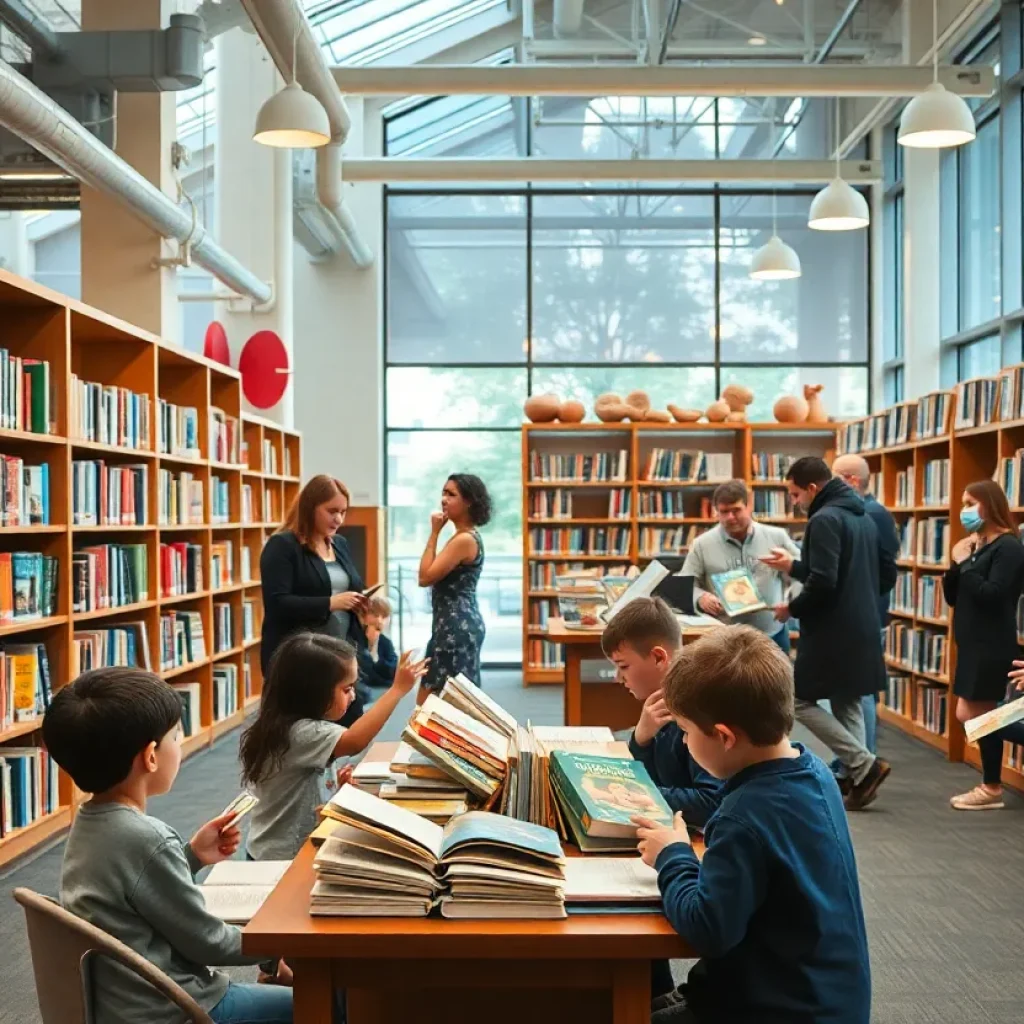 Children reading in a library with community members discussing literature options.