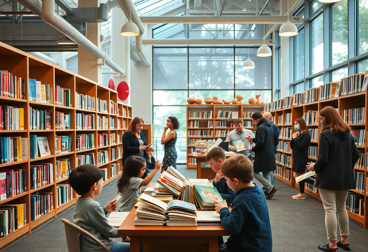 Children reading in a library with community members discussing literature options.