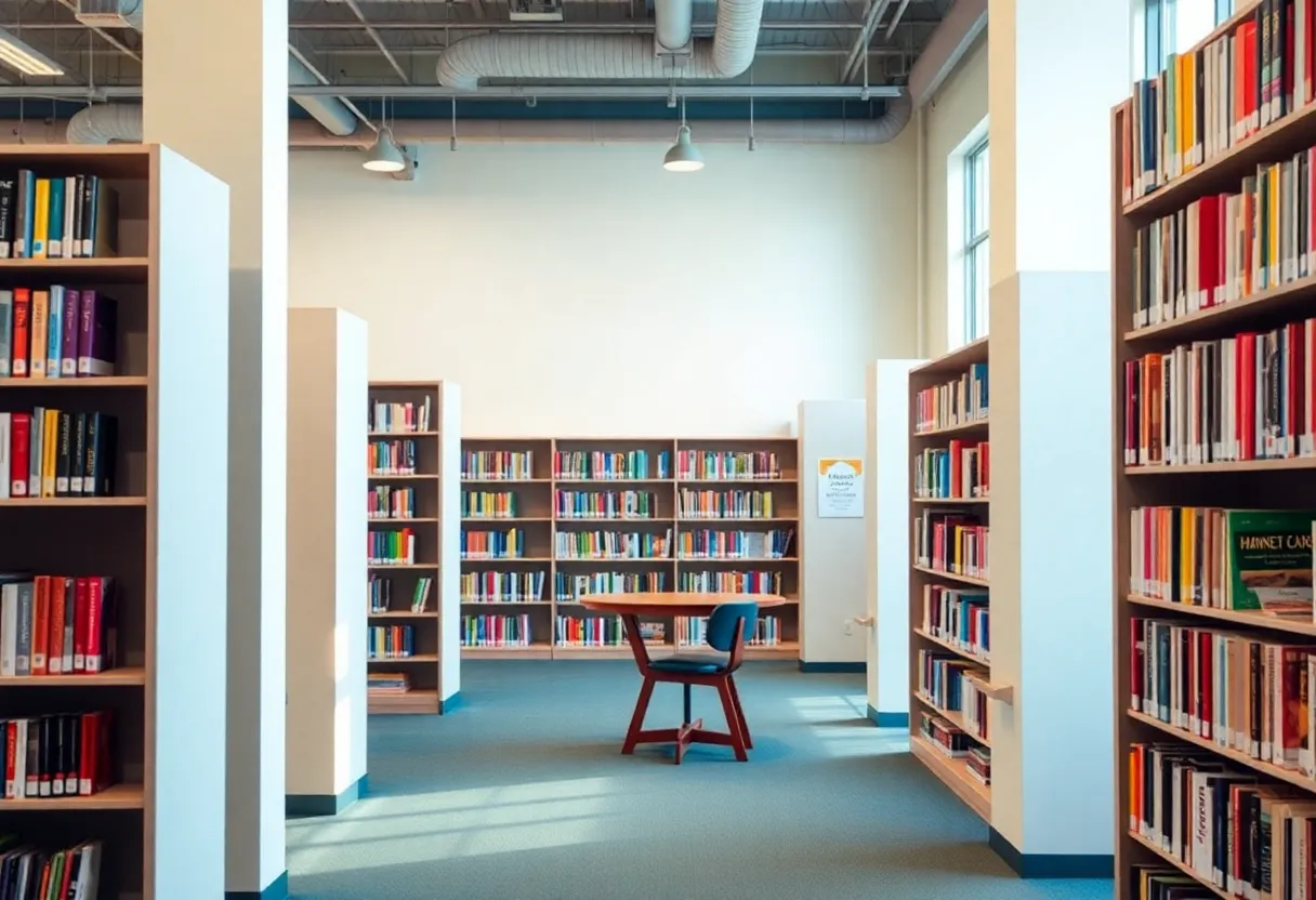 Inside view of Huntington Beach Library showcasing diverse bookshelves.