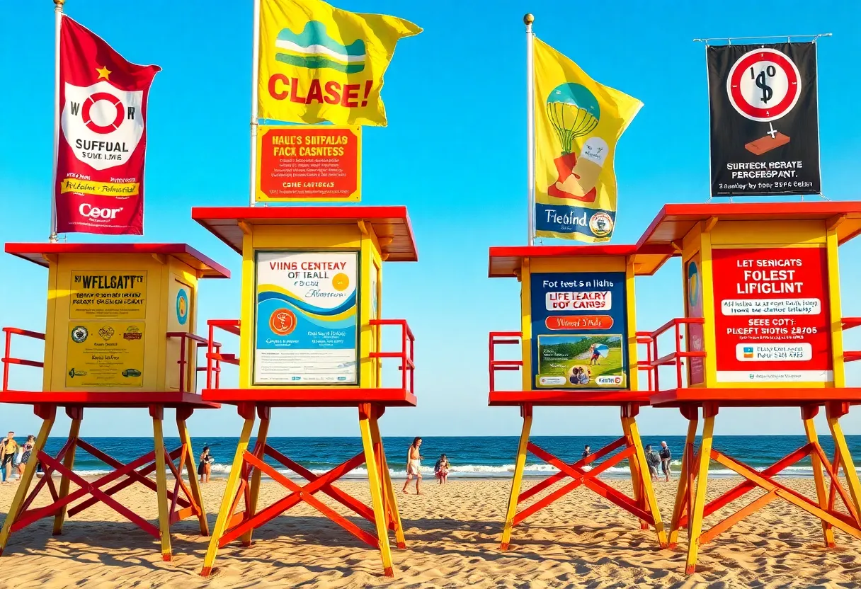 Lifeguard tower at Huntington Beach featuring advertisements