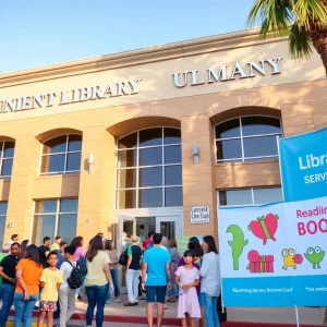 Community members outside the Huntington Beach Public Library