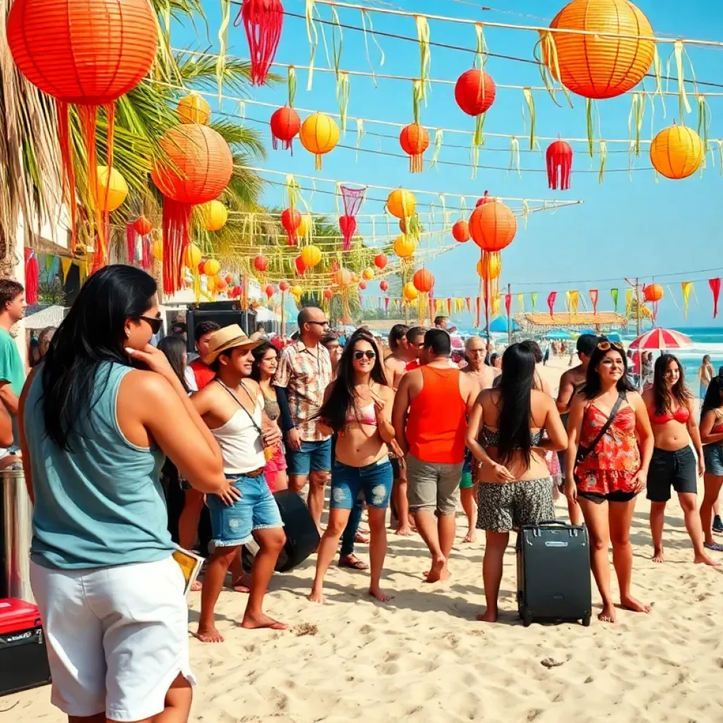 Crowds enjoying a beach party honoring a rock legend