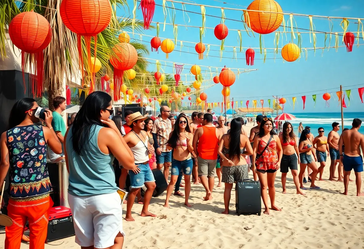 Crowds enjoying a beach party honoring a rock legend