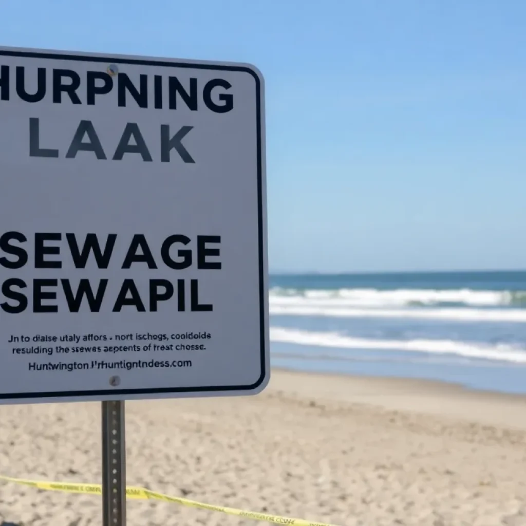 Warning sign at Huntington Beach due to sewage spill