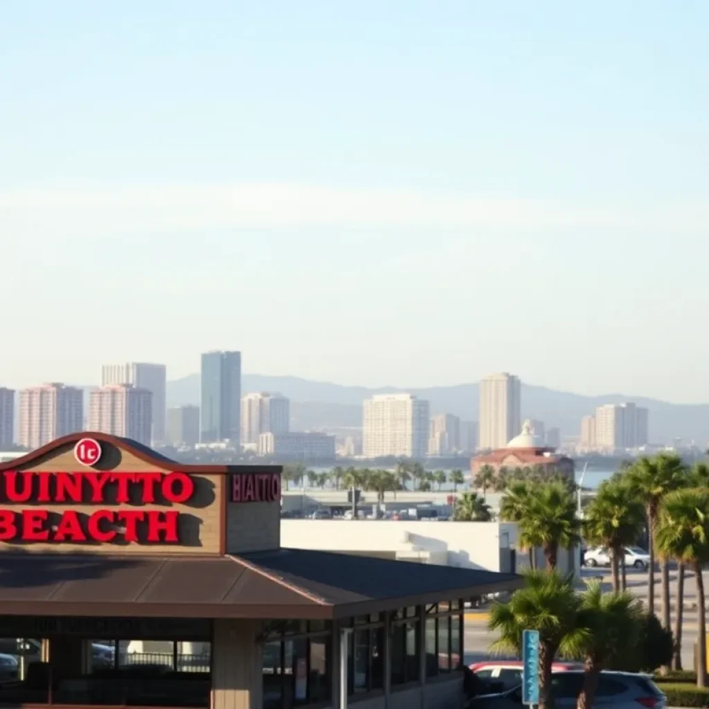 Skyline of Huntington Beach with BJ's Restaurant in view