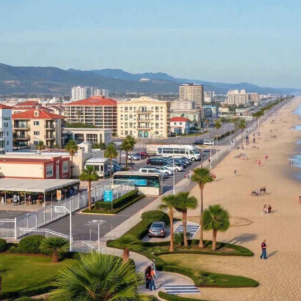 A picturesque view of Huntington Beach with people enjoying the beach and activities.