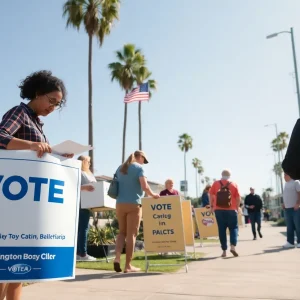 Citizens voting in Huntington Beach with election signs visible
