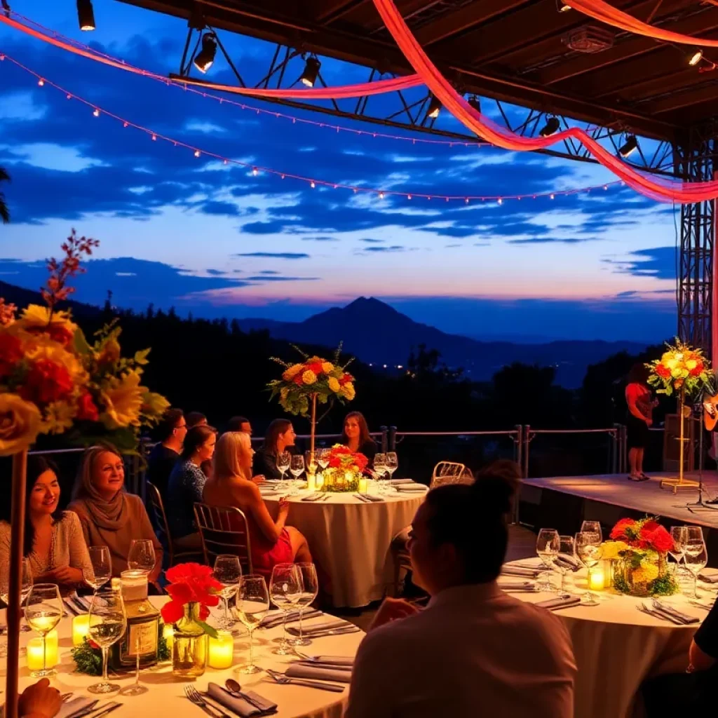Fundraising event for music education in Laguna Beach with floral arrangements and live performances.