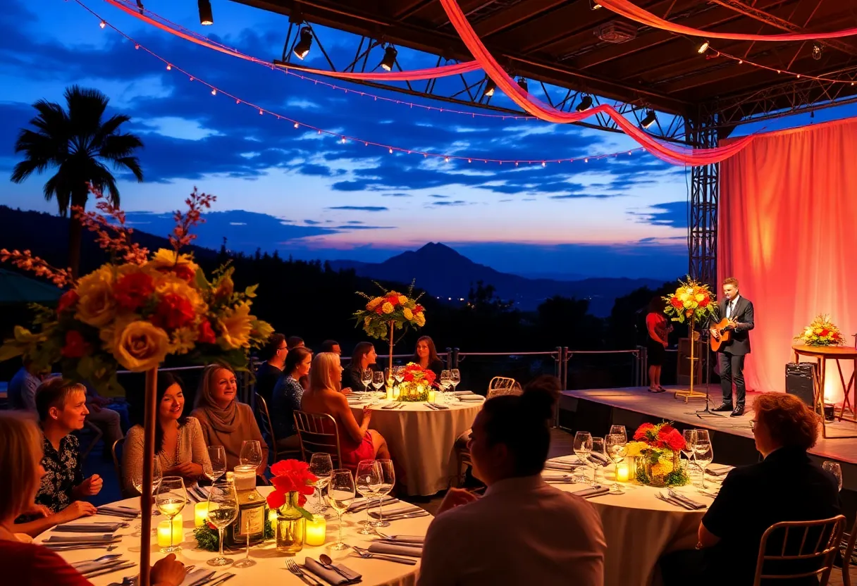 Fundraising event for music education in Laguna Beach with floral arrangements and live performances.