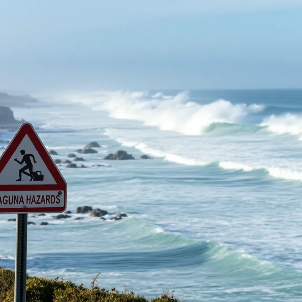 Waves crashing on Laguna Beach with a beach hazards warning sign