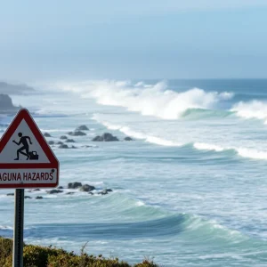 Waves crashing on Laguna Beach with a beach hazards warning sign