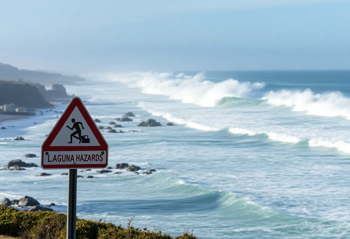 Waves crashing on Laguna Beach with a beach hazards warning sign