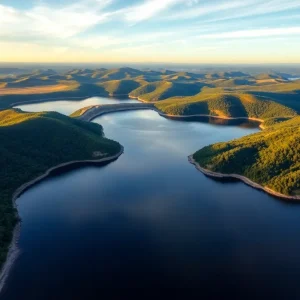 Aerial view of Lake Oroville filled to capacity with beautiful green landscapes