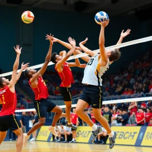 Long Beach State men's volleyball team celebrating their championship win
