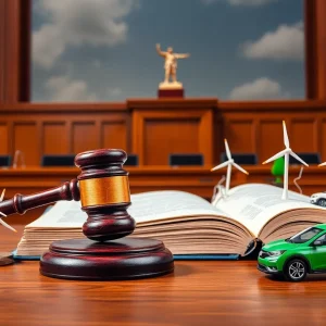 Courtroom scene depicting a legal battle over environmental regulations