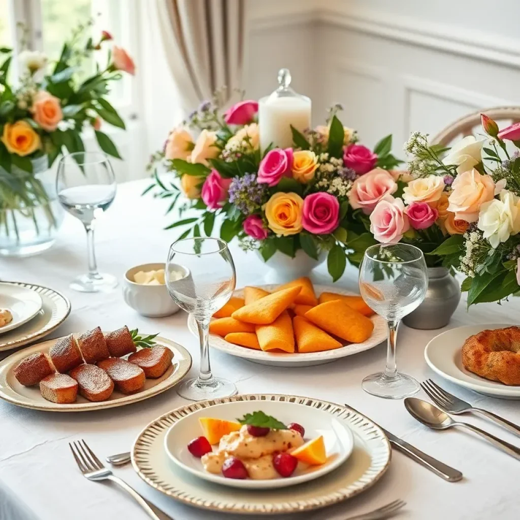 Elegant dining setup for Mother's Day with food and flowers