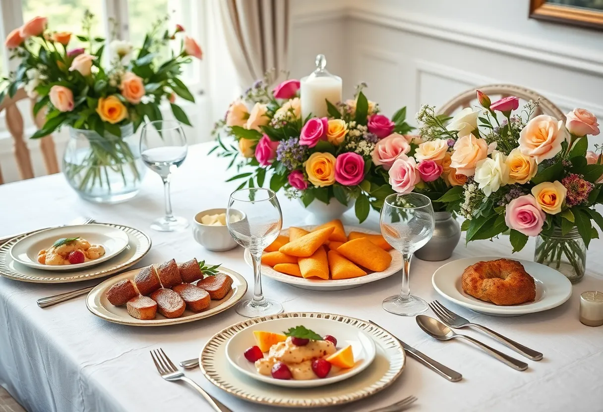 Elegant dining setup for Mother's Day with food and flowers