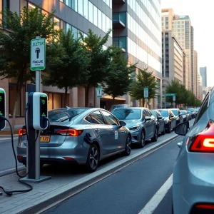 Electric vehicle charging station in a city