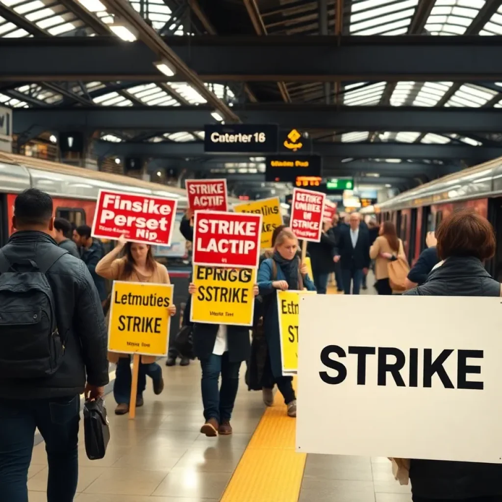 Commuters at an urban train station affected by NJ Transit strike