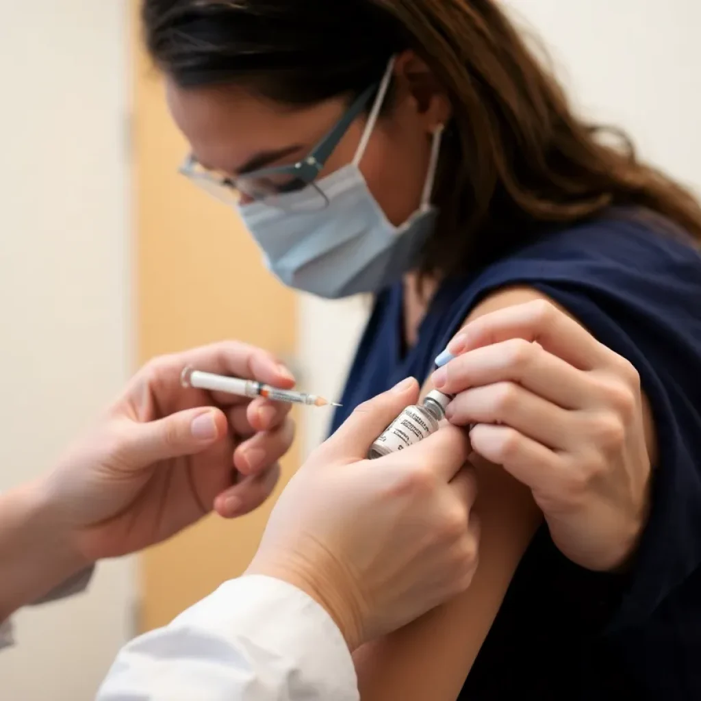 Healthcare professional administering Novavax Covid-19 vaccine to an elderly patient