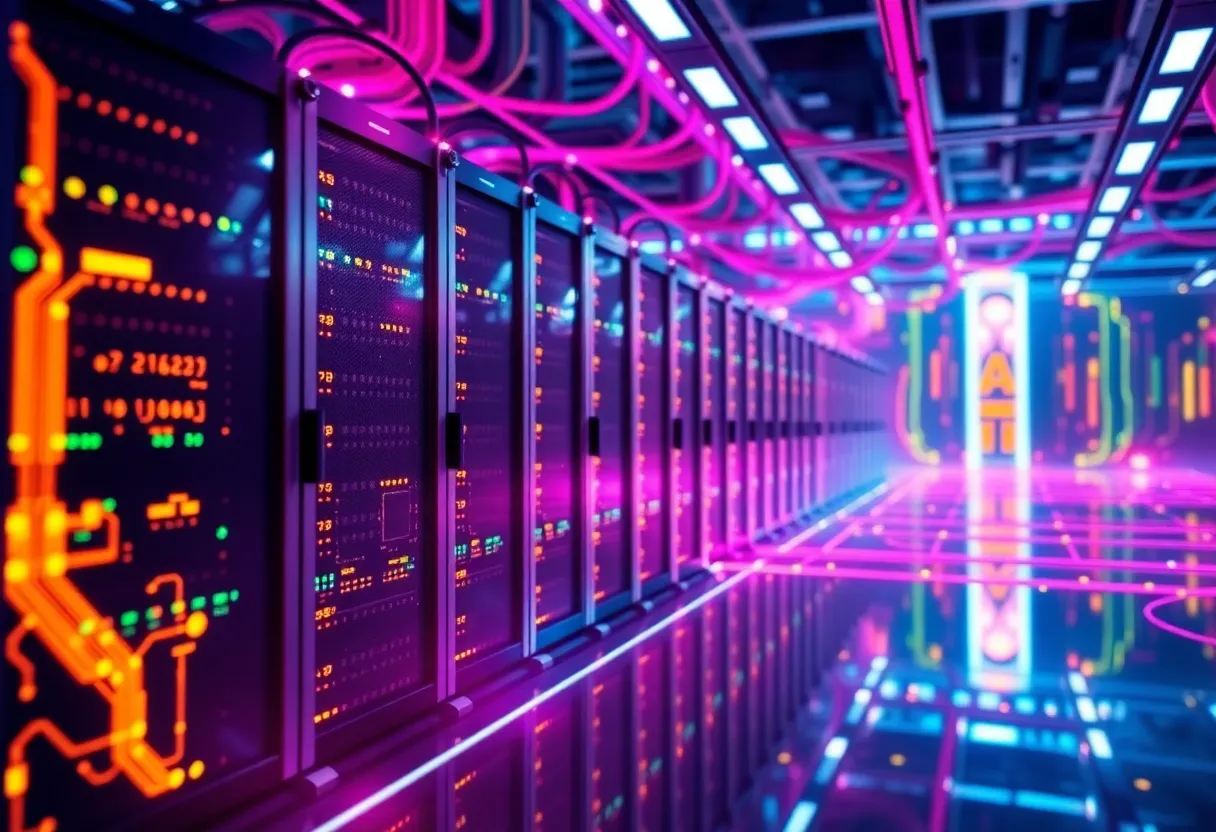 Visual representation of NVIDIA's AI technology with servers and supercomputers.