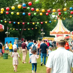 Crowd enjoying activities at the OC EidFest with carnival rides and vendors in the background.
