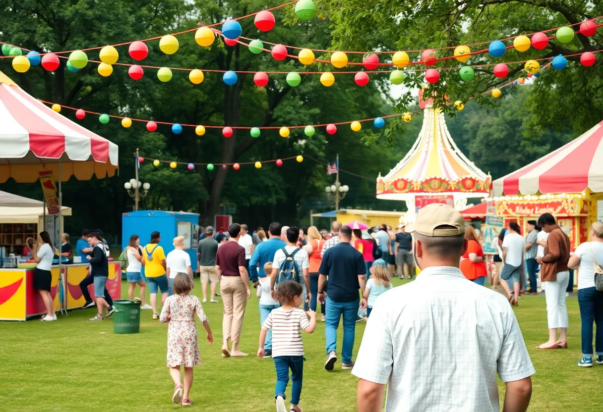 Crowd enjoying activities at the OC EidFest with carnival rides and vendors in the background.