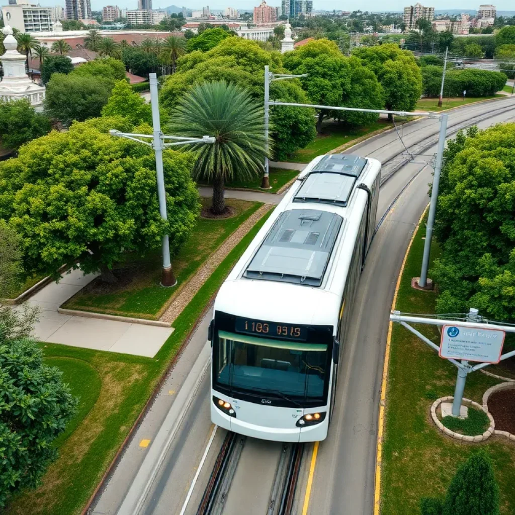 Modern OC Streetcar on its testing route in Orange County.