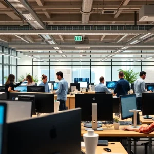 Modern office equipment in a collaborative workspace.