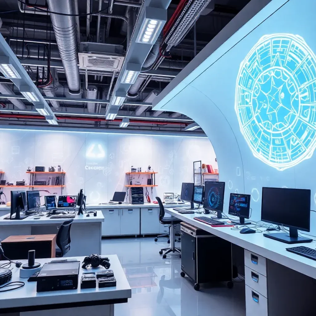 Futuristic AI lab with innovative designs