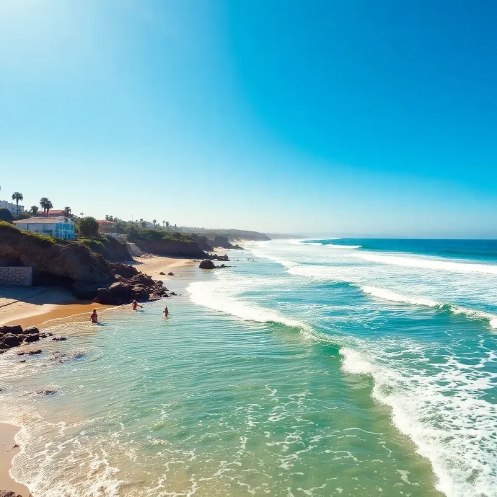 Vibrant beaches of Orange County with surfers and families enjoying the sun.