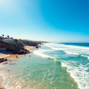 Vibrant beaches of Orange County with surfers and families enjoying the sun.