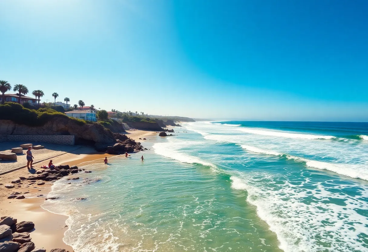 Vibrant beaches of Orange County with surfers and families enjoying the sun.