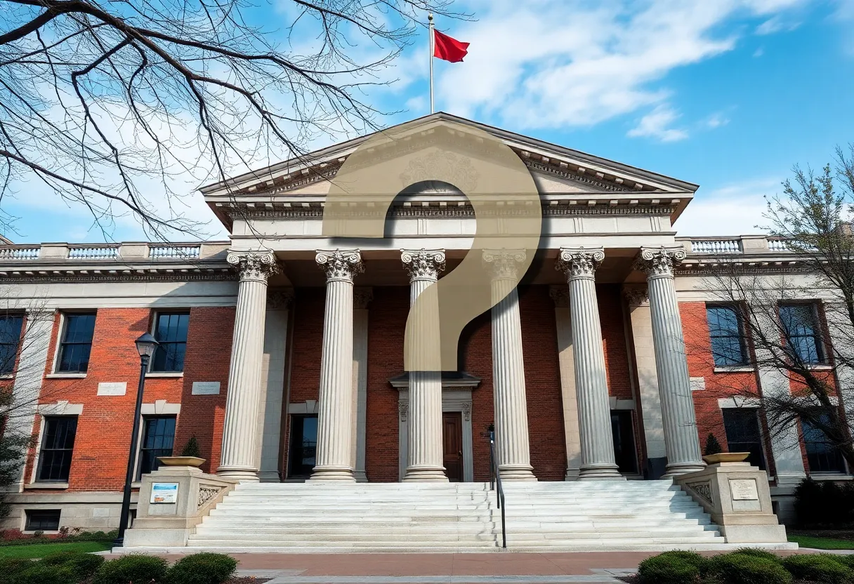 Illustration of a government building with a question mark indicating a scandal.