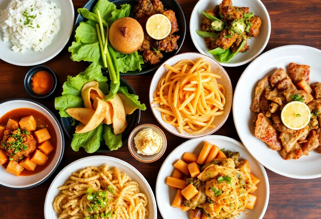A colorful display of dishes representing the diverse dining scene in Orange County.