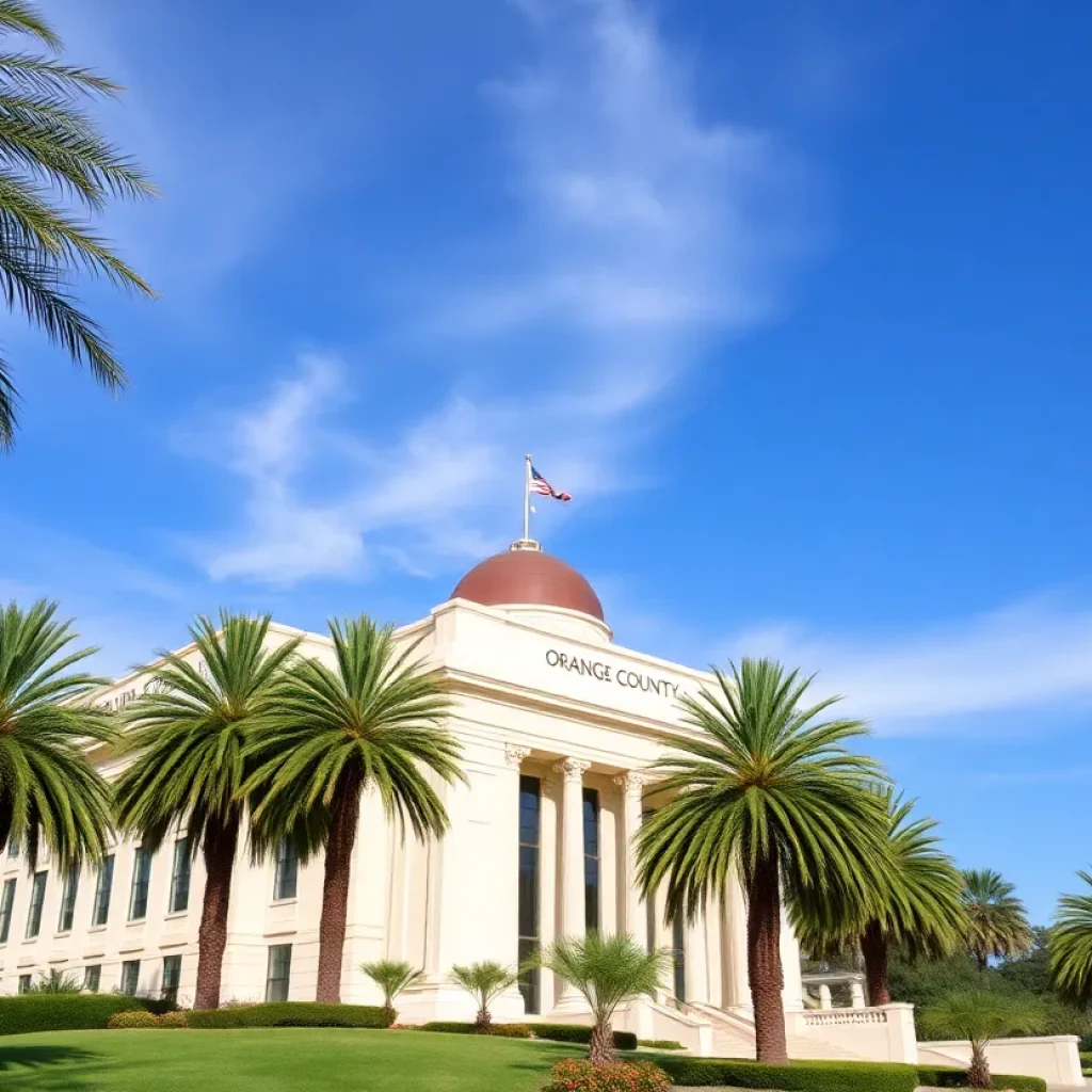 A view of the Orange County government building with palm trees.
