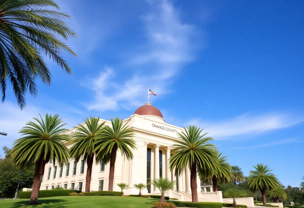 A view of the Orange County government building with palm trees.