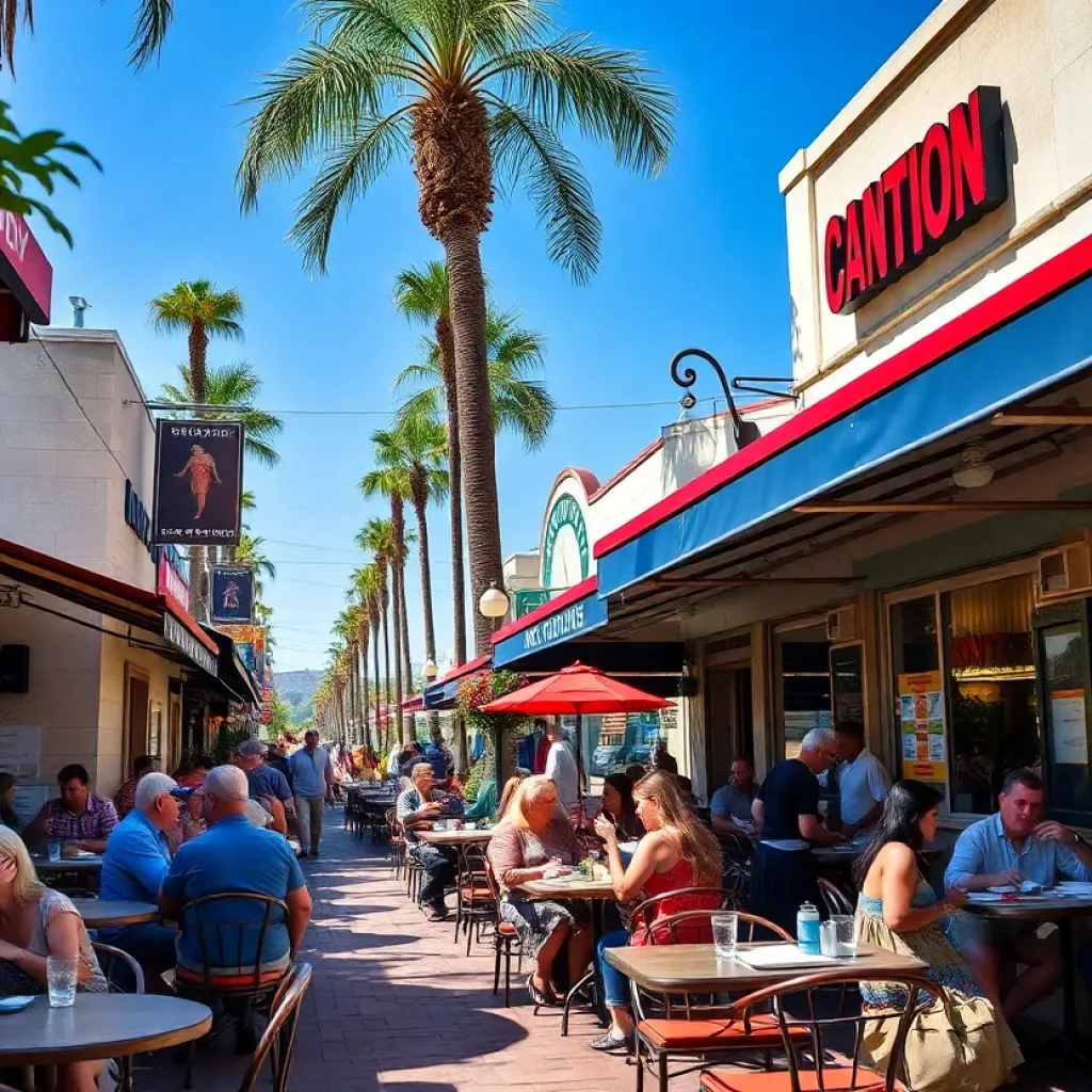A lively outdoor dining area in Orange County with diners enjoying meals.