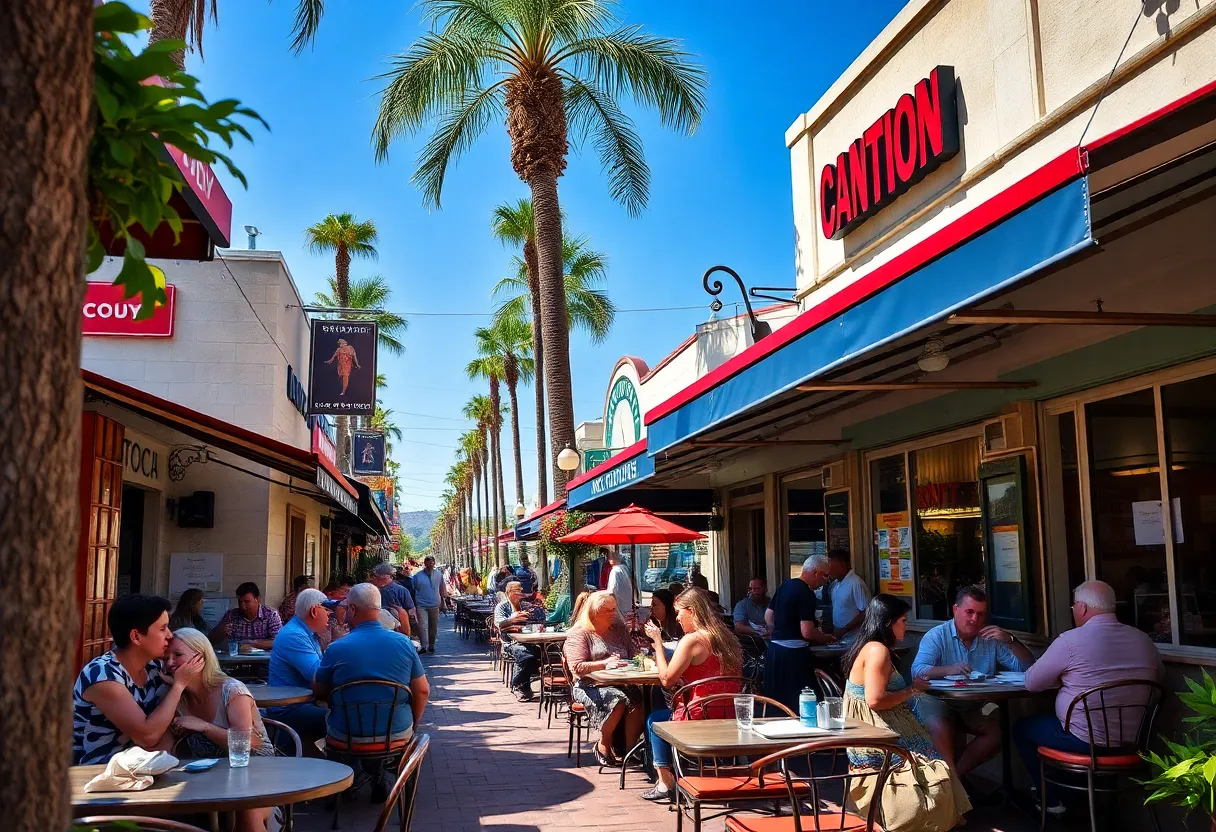 A lively outdoor dining area in Orange County with diners enjoying meals.