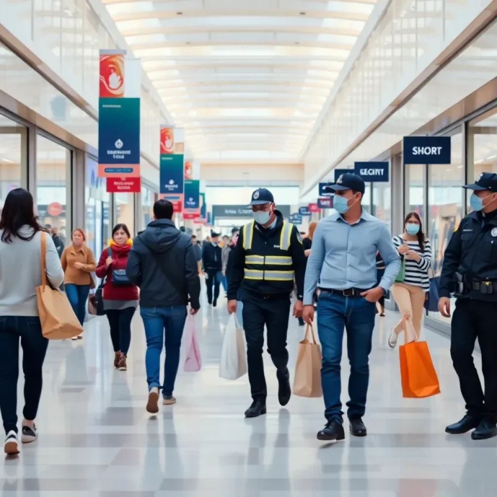 Busy shopping mall environment with security and shoppers