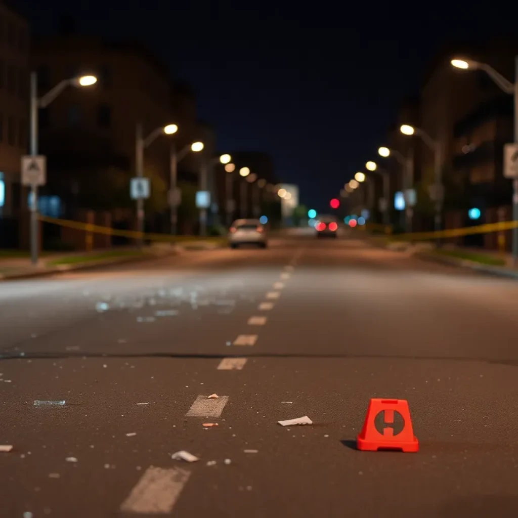 Empty street with shattered glass and evidence markers after a shooting.