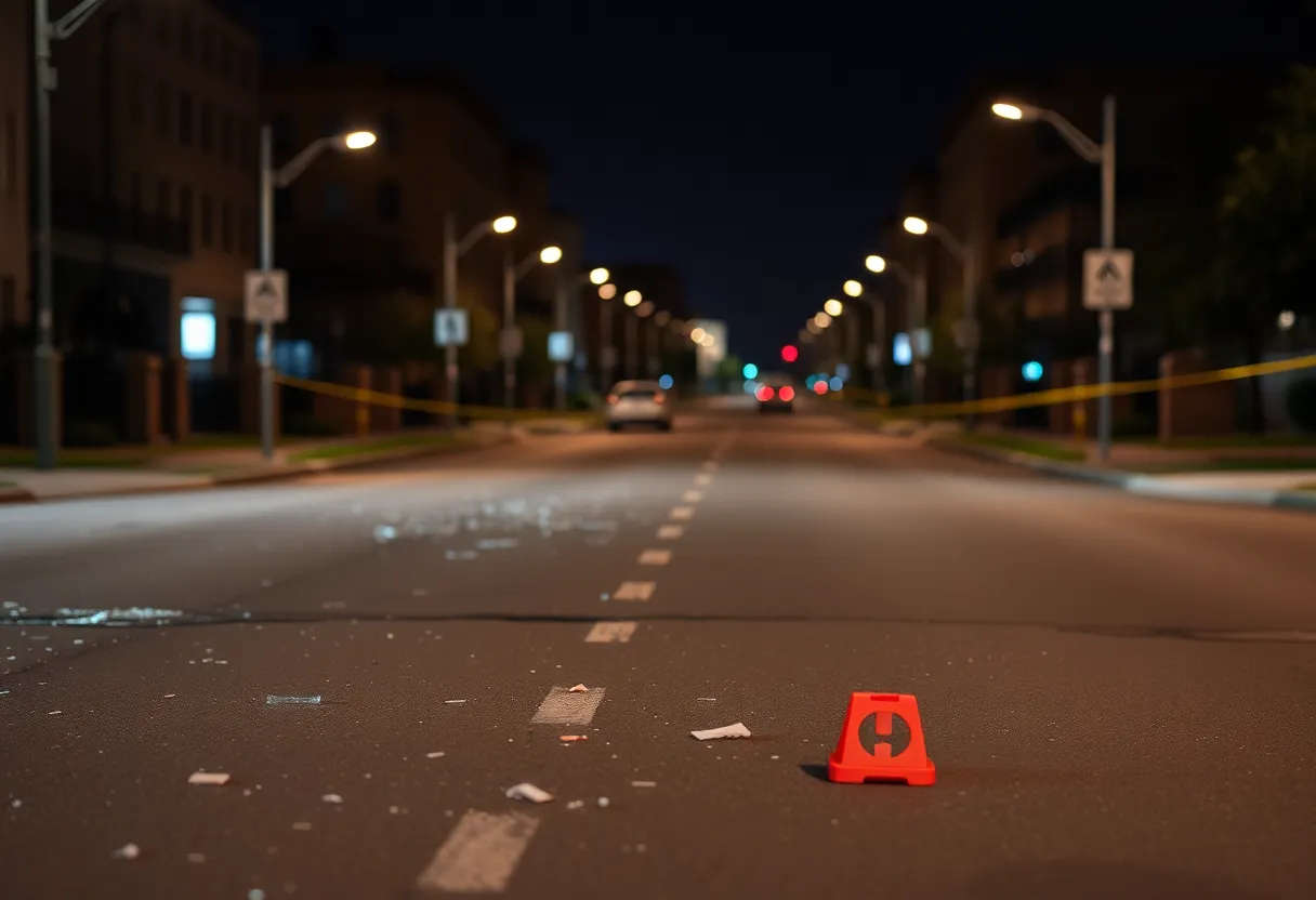 Empty street with shattered glass and evidence markers after a shooting.