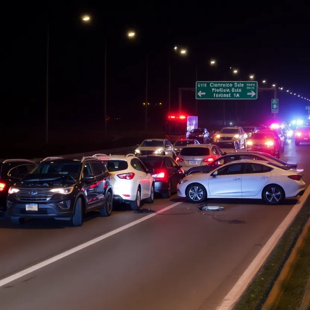 Scene of a multi-vehicle crash on the road with flashing lights and wreckage