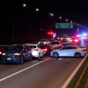Scene of a multi-vehicle crash on the road with flashing lights and wreckage